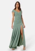 Goddiva Bardot Pleat Maxi Split Dress Dark Sage L (UK14)