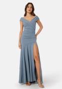 Goddiva Bardot Pleat Maxi Split Dress Air Force Blue M (UK12)