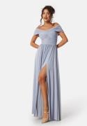 Goddiva Bardot Rouched Maxi Split Dress Light Blue M (UK12)