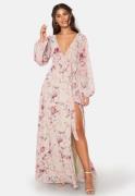 Goddiva Floral Long Sleeve Chiffon Maxi Dress Latte M (UK12)