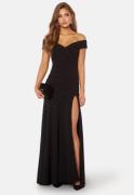 Goddiva Bardot Pleat Maxi Split Dress Black S XXS (UK6)