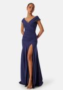 Goddiva Bardot Pleat Maxi Split Dress Dark blue L (UK14)