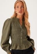 BUBBLEROOM V-neck Cotton Smock Blouse Khaki green M