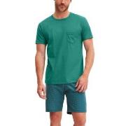 Calida Relax Imprint O Neck Short Pyjama Grön bomull Small Herr