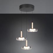 Trio Lighting LED-hänglampa Celeste, krom/trä, Ø 35 cm 3 lampor glas d...