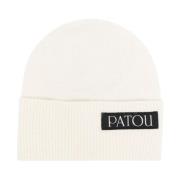 Patou Vit Logo-Patch Stickad Beanie White, Dam