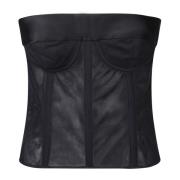 Maison Margiela Svart Siden och Bomull Crop Top med Meshinsatser Black...