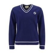 Gucci Logo Patched V-Neck Sweater Blue, Herr
