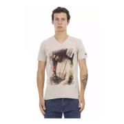 Trussardi Herr Bomull V-Hals T-Shirt med Fronttryck Beige, Herr