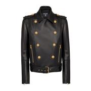 Balmain Double-breasted buttoned leather biker jacket Black, Herr