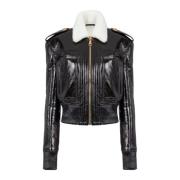 Balmain Lackläder- och fuskläderjacka Black, Dam