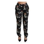 Dolce & Gabbana Valp Hund Mid Waist Skinny Sidenbyxor Black, Dam