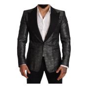 Dolce & Gabbana Grå Metallic Svart Slim Tuxedo Blazer Gray, Herr