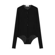 Sportmax Svart Ribbstickad Body med Pärlknappsdetaljer Black, Dam