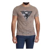 Guess Brown Cotton Stretch Logo Print Men Casual Perforated T-shirt Br...