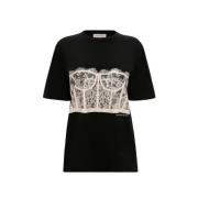 Alexander McQueen Svart Spetskorsett Tryck T-shirt Black, Dam