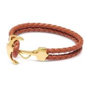 Nialaya Men's Brown Leather Bracelet with Gold Anchor Brown, Herr
