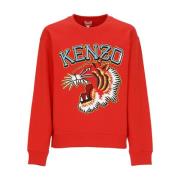 Kenzo Röd Bomullssweatshirt med Kontrasterande Logotyp och Tigertryck ...