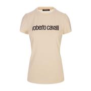 Roberto Cavalli Ivory Stretch Bomull T-shirt med Logobroderi White, Da...