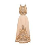 Zimmermann Broderad Linne Midi Klänning Beige, Dam