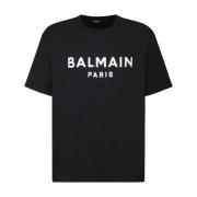 Balmain Svart Ekologisk Bomull T-Shirt med Tryckt Logotyp Black, Herr