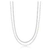 Nialaya Silver Necklace Layer with 3mm Cuban Link Chain and Pearl Neck...