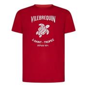 Vilebrequin Röd Ribbad Crew Neck T-shirt med Sköldpadda Logotyp Red, H...