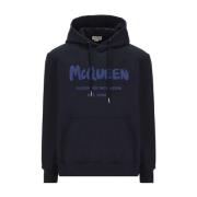 Alexander McQueen Logo Hoodie Sweatshirt med Dragsko i Huva Blue, Herr