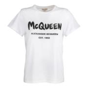 Alexander McQueen Logo Print Bomull T-Shirt White, Dam