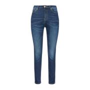 Pinko Mörkblå Skinny Stretch Denim Jeans med Brodyr på Baksidan Blue, ...