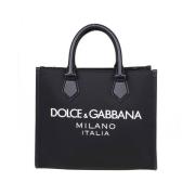 Dolce & Gabbana Svart nylon shoppingväska med läderdetaljer Black, Dam