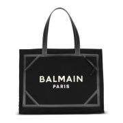 Balmain 42 monogrammönstrad canvas och slät lädertoteväska Black, Dam