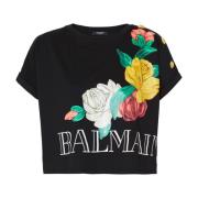 Balmain Vintage T-shirt med ros tryck Black, Dam