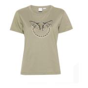 PINKO Kortärmad Rund Hals T-shirt med Strassdekoration Green, Dam