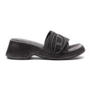 Diesel Denim slide sandaler med Oval D rem Black, Dam