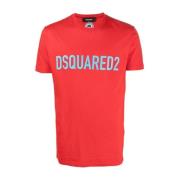 Dsquared2 Logo-Print Crew-Neck T-Shirt i Rött och Teal Blått Red, Herr