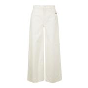 Amish Wide Leg Embroidered Logo Jeans Trousers Beige, Dam