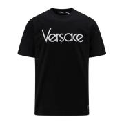 Versace Svart Ribbad T-shirt med Broderi Black, Herr