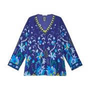 Maliparmi Elegant V-Neck Floral Embroidered Shirt Blue, Dam
