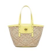 Pinko Handvävd Raffia Läder Väska Naturlig Beige, Dam