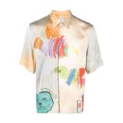 Off White Satin Skjorta med Tecknad Tryck Multicolor, Herr