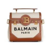 Balmain Ecru canvas B-Buzz 23 väska med bruna läderpaneler Multicolor,...
