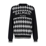 Balmain Diamant Jacquard Crewneck Sweater Svart Black, Herr