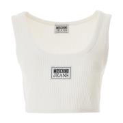 Moschino Ribbad Crop Top med Logo Patch White, Dam