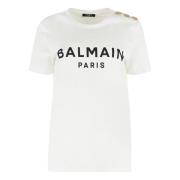 Balmain Bomulls Crew-Neck T-Shirt med Prydda Knappar White, Dam