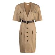 Saint Laurent Belted Cotton Twill Dress Beige, Dam