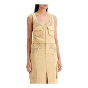 Self Portrait Kristallprydd Denim Crop Top Beige, Dam