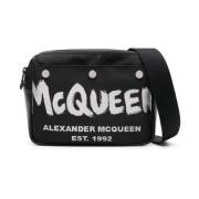 Alexander McQueen Svart Läder Axelväska med Logotyptryck Black, Herr