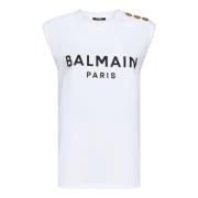 Balmain Vit Ärmlös T-shirt med Logotyp White, Dam