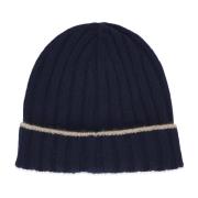 Brunello Cucinelli Blå Cashmere Beanie Mössa Ribbat Mönster Blue, Herr